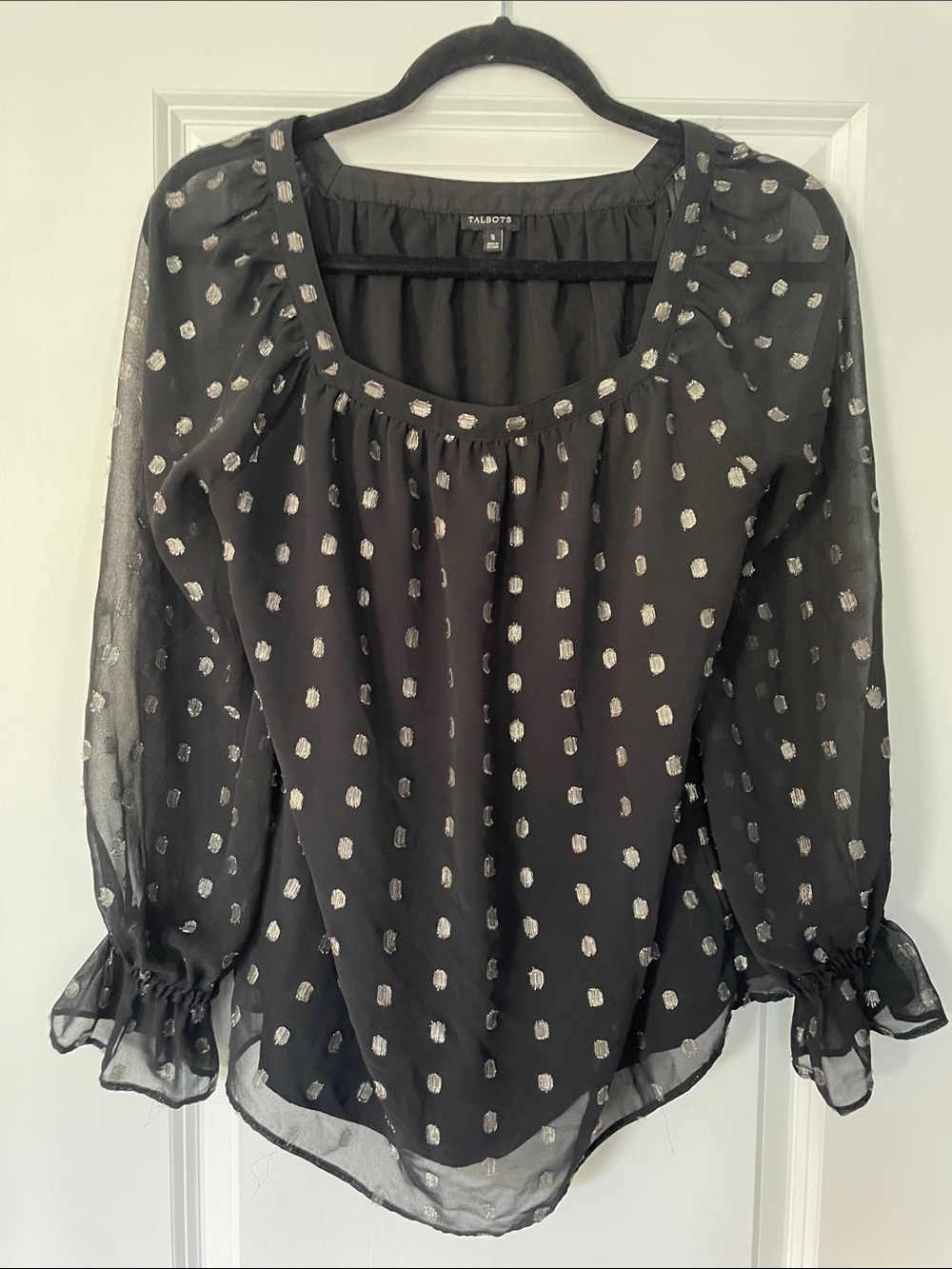 Talbots Black Sheer Blouse with Silver Dot Print Size S